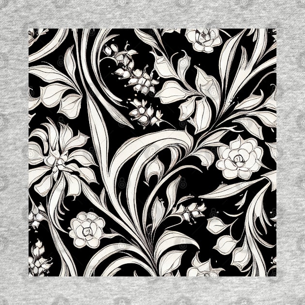Black and White Vintage Floral Cottagecore Gothic Romantic Flower Peony Rose Leaf Design by VintageFlorals